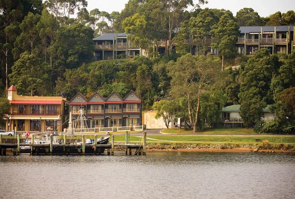 An Exterior view of the hotel & jetty at Strahan Village