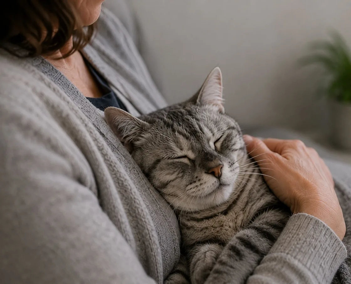 elderly gray tabby cat on the chest of a woman in a gray sweater