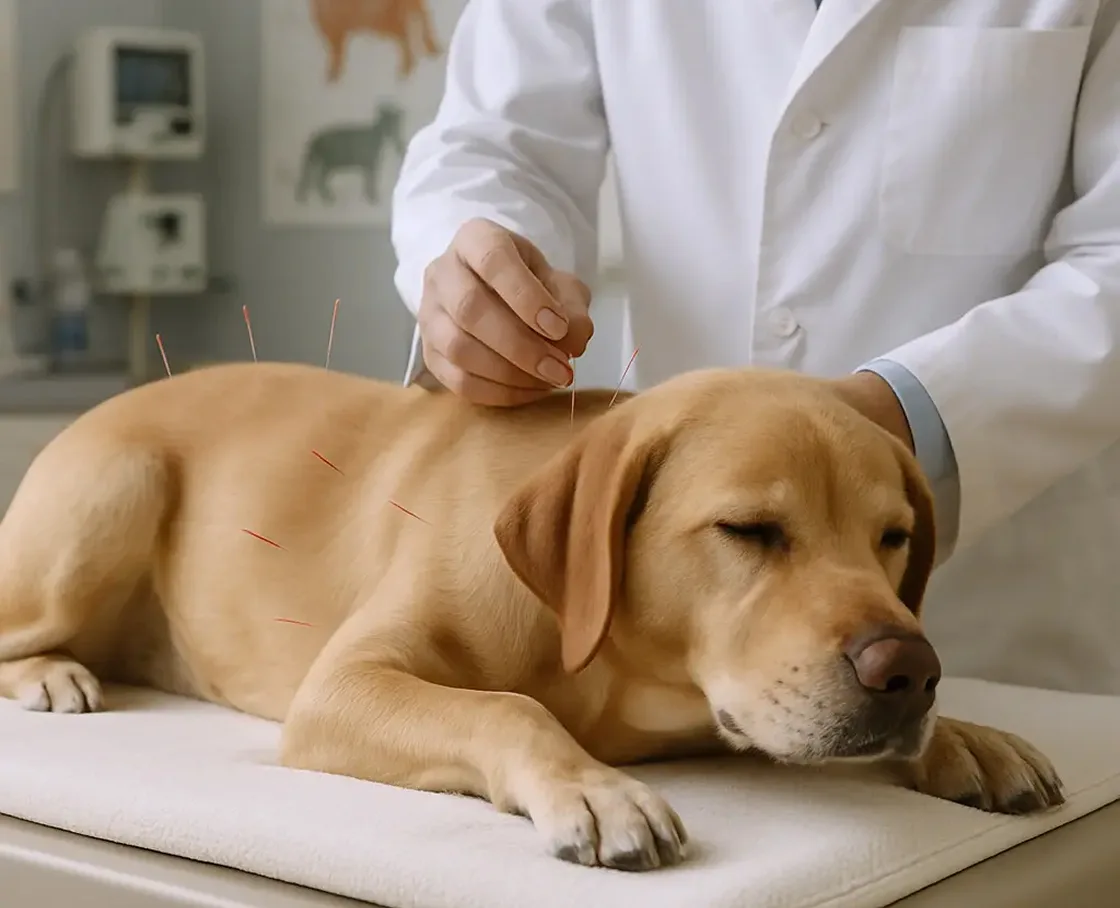 A yellow Labrador retriever receiving acupuncture treatment from a veterinarian on an exam table.