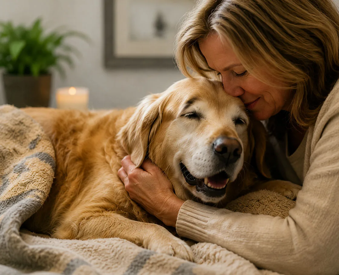 woman snuggling an older golden retriever on a bed with a blanket