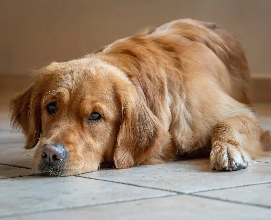 Golden retriever lying on a tiled floor, resting its head on the ground and looking at the camera