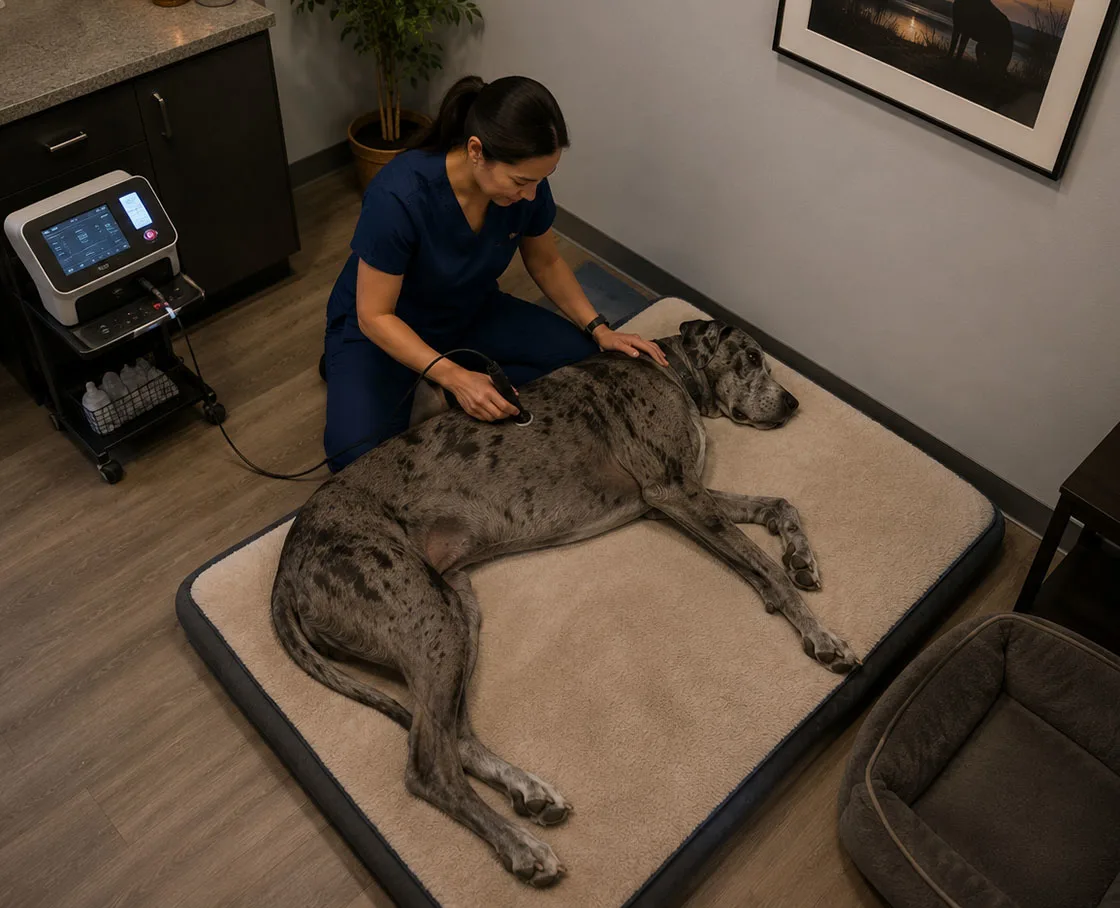 woman technician giving a great dane dog laser therapy in a comfortable room