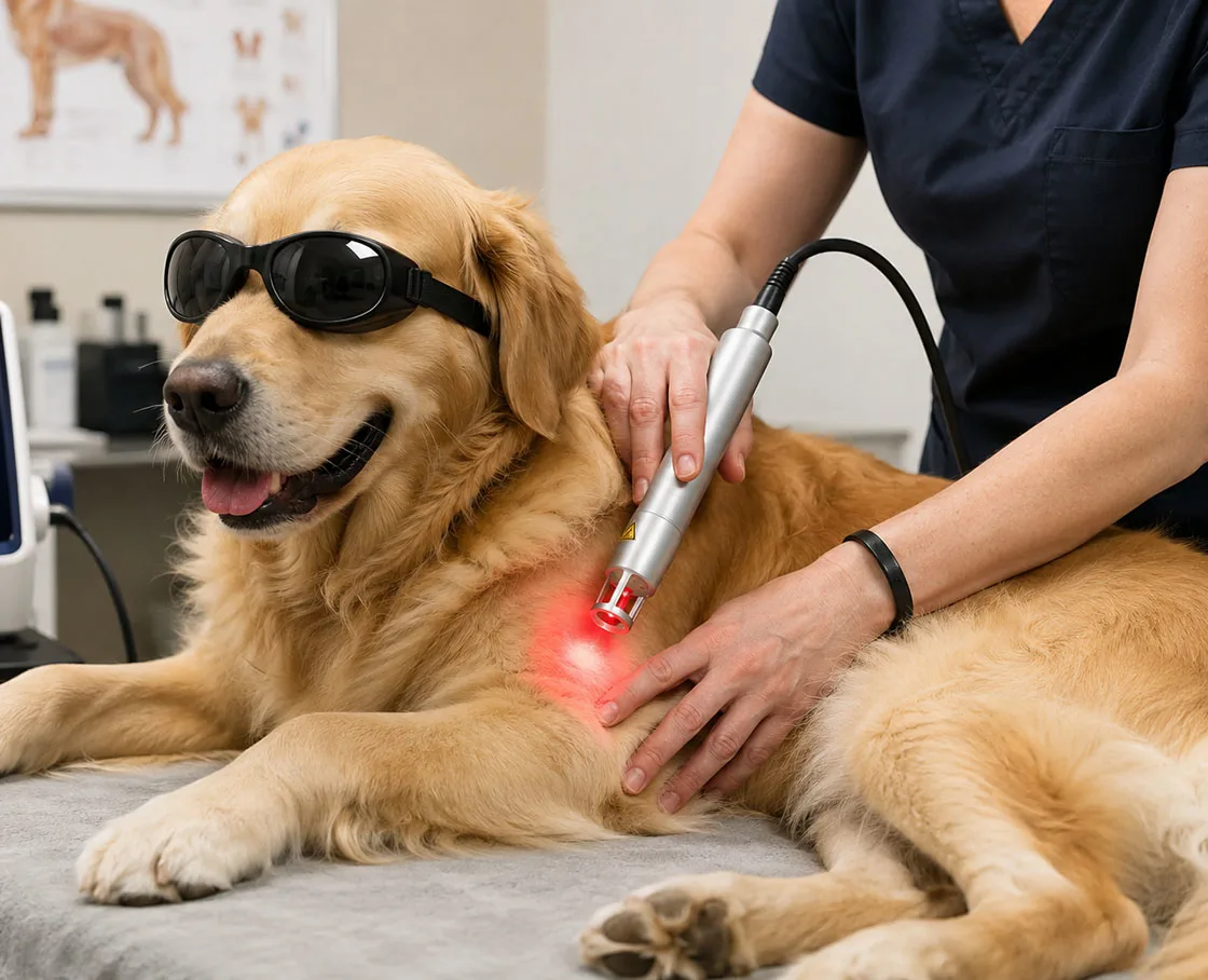 Dog getting cold laser therapy treatment in a vet's office