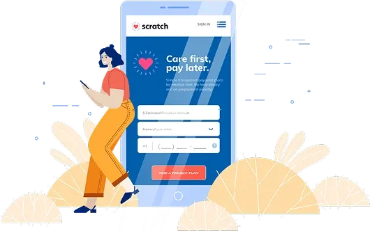 Illustration of a woman using the “scratch” app, which offers payment plans for medical care.