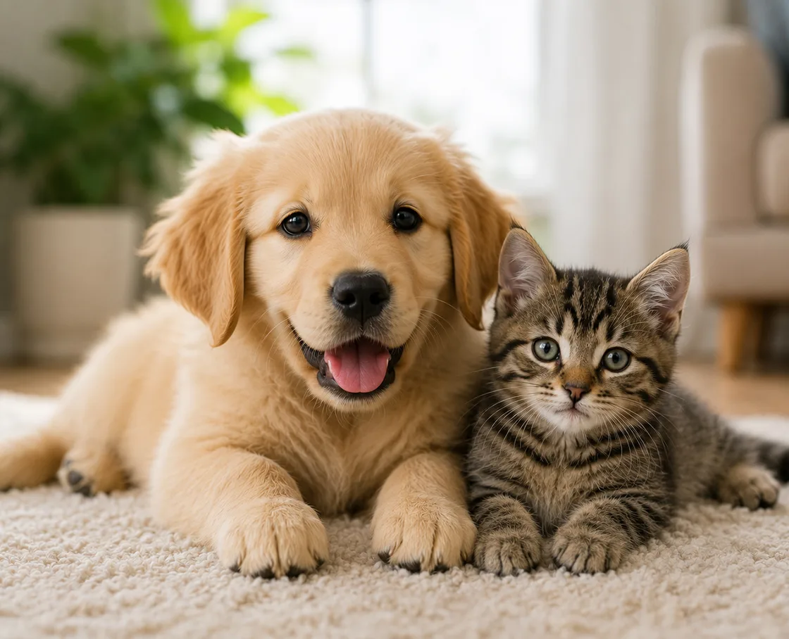 blond lab puppy and gray tabby kitten looking at camera on rug in living room