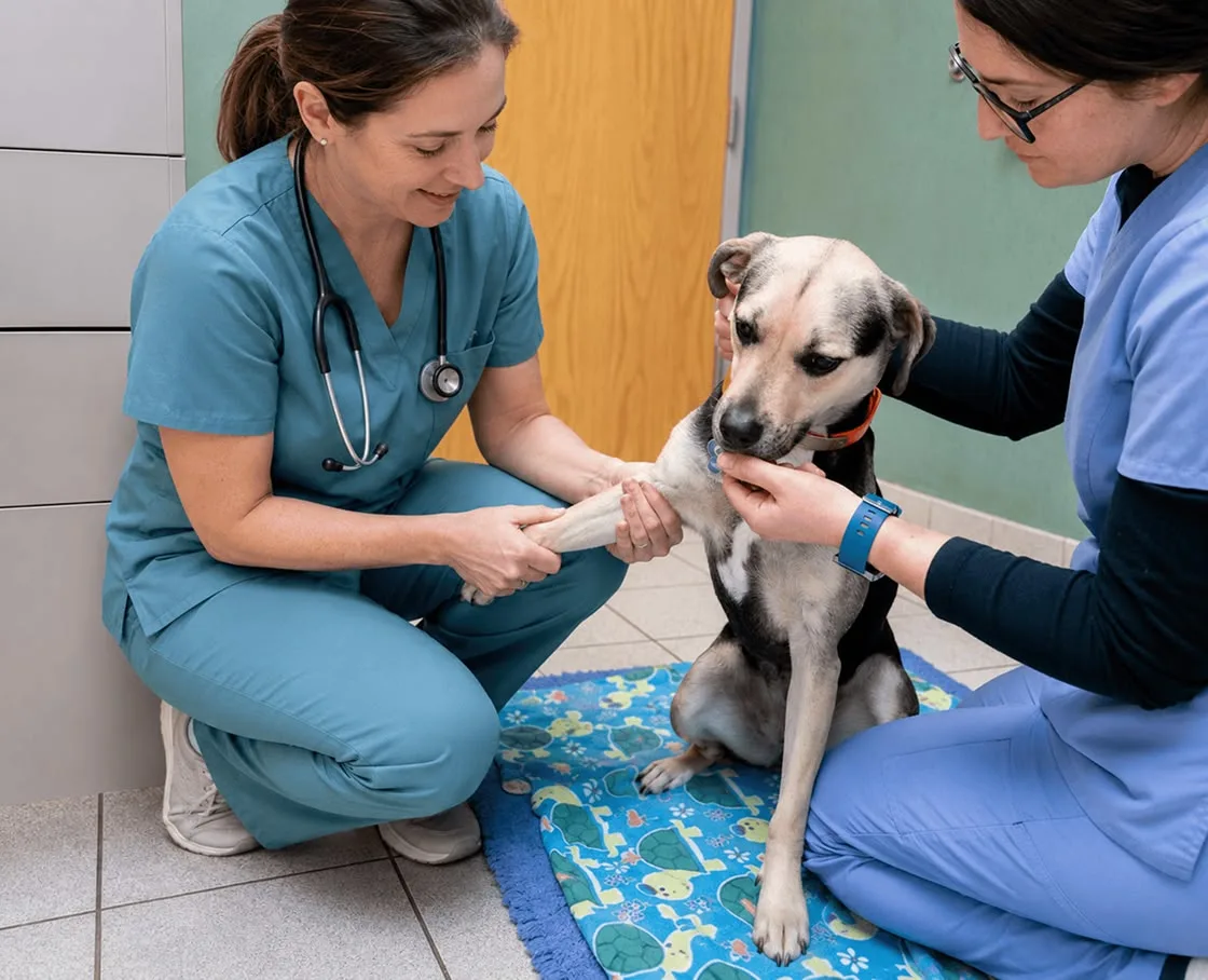 A volunteer holds a calm tan dog as it receives a vaccination.