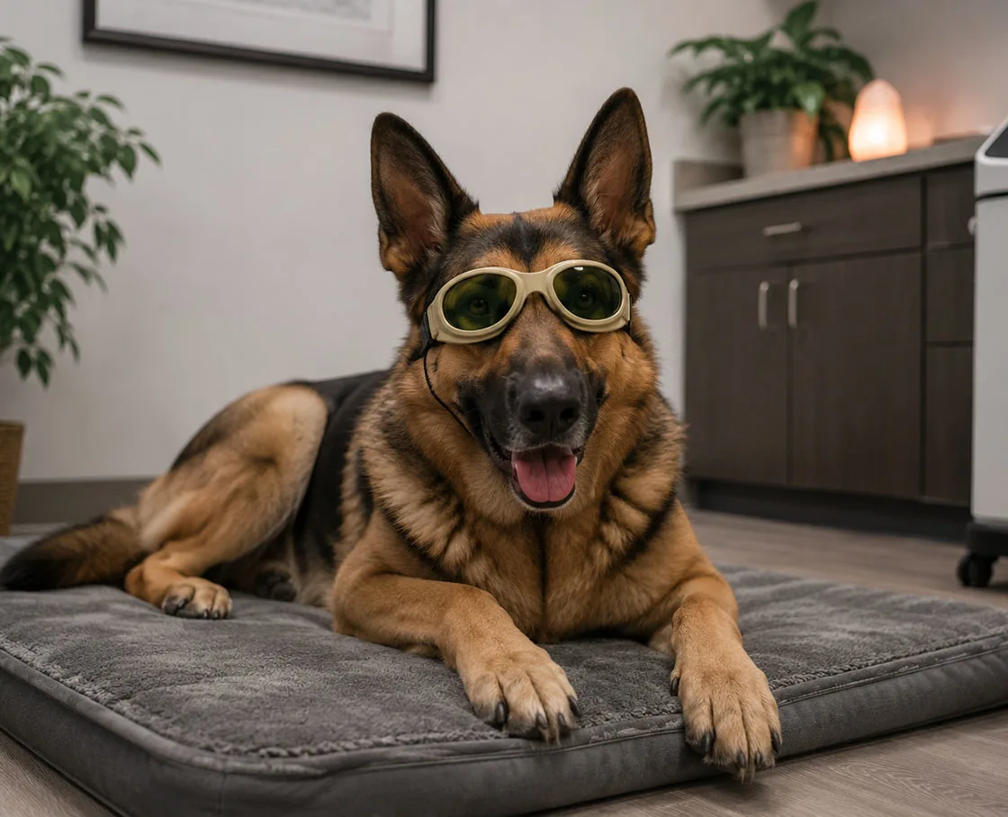 german shepherd in a cozy laser therapy room for the procedure