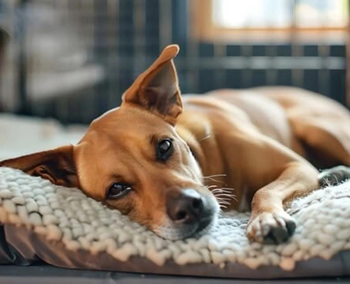 Tan short-haired dog resting its head on a chunky knit grey dog bed, one ear up and eyes half-closed.