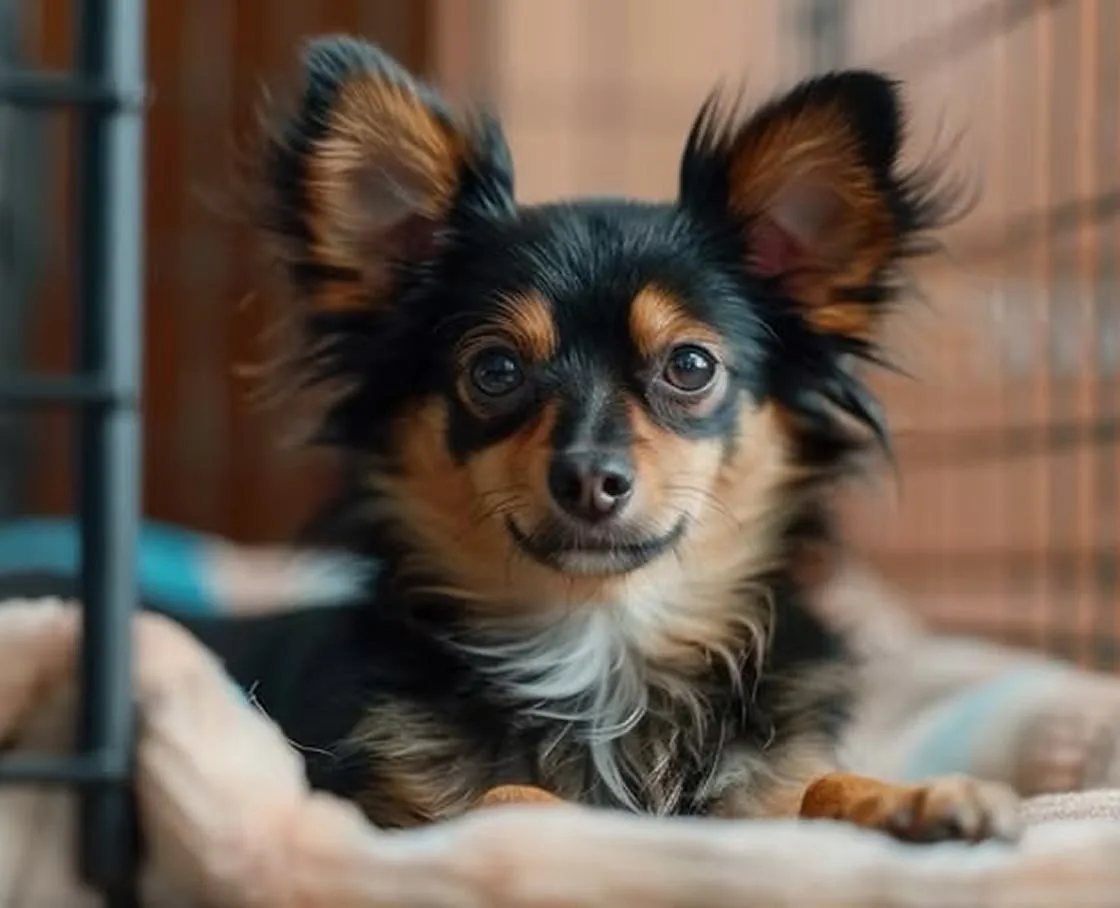 Small long-haired tricolor Chihuahua with large fringed ears resting on a plush blanket inside a wire crate.