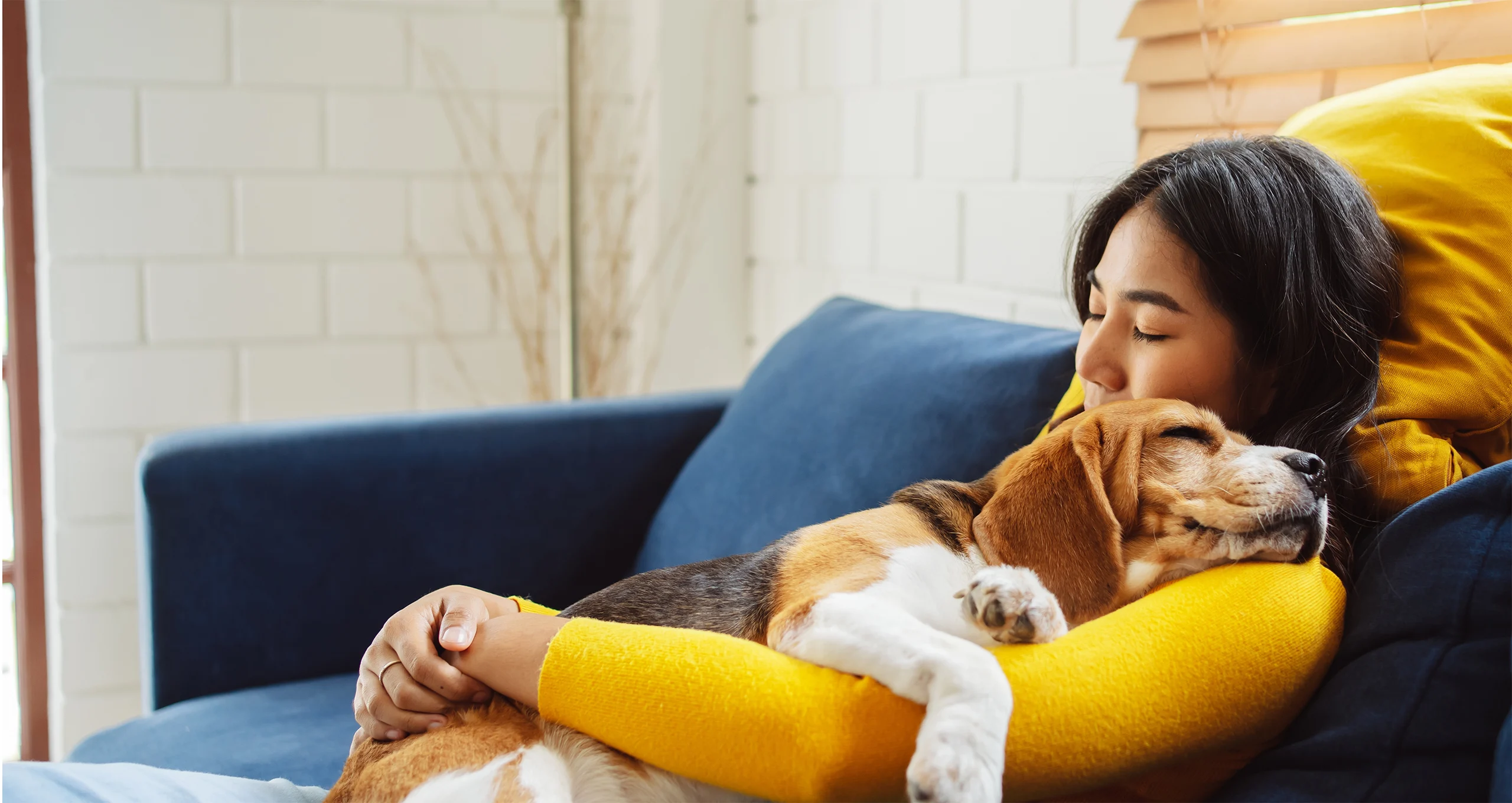 h woman in yellow shirt sleepIng with beagle on couch