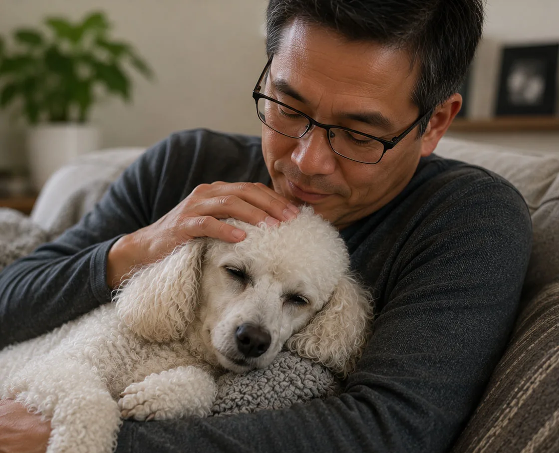 asian man with white poodle on lao on couch