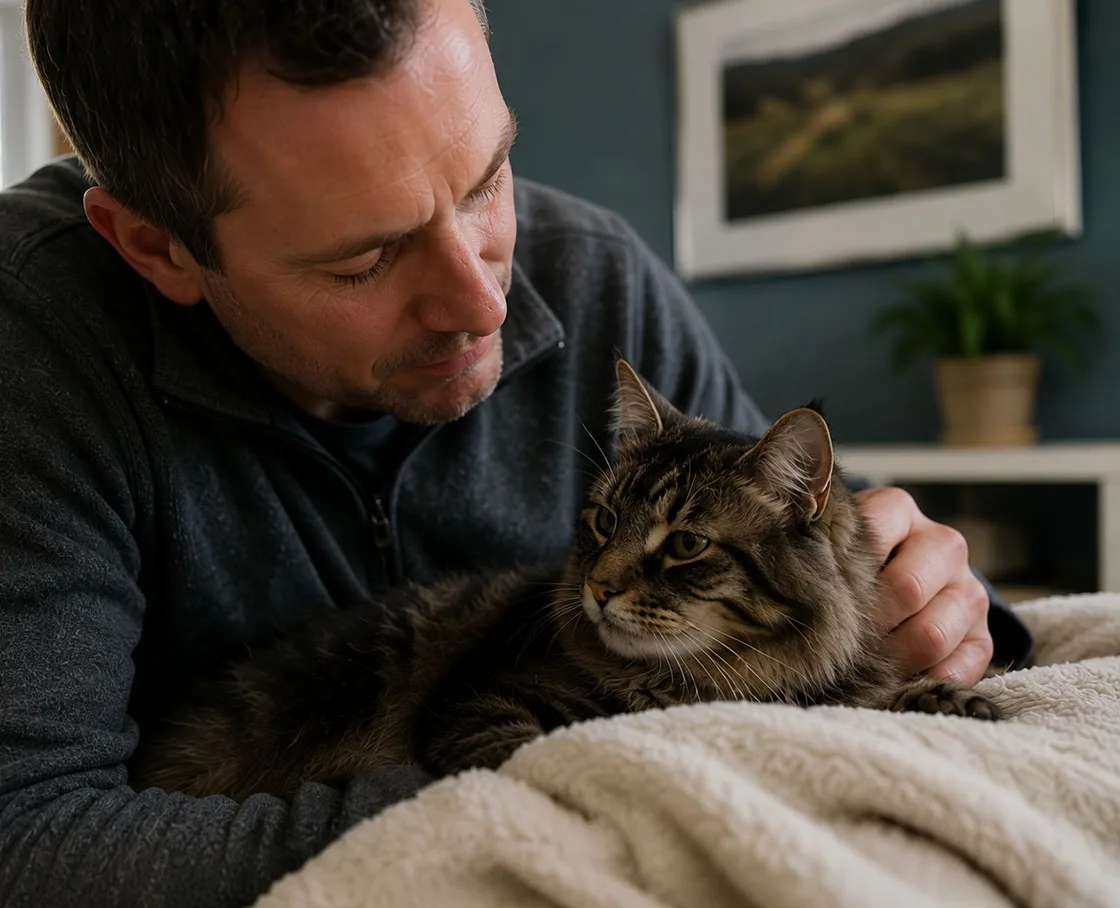 Man looking over DMH cat in home on bed with blanket in front