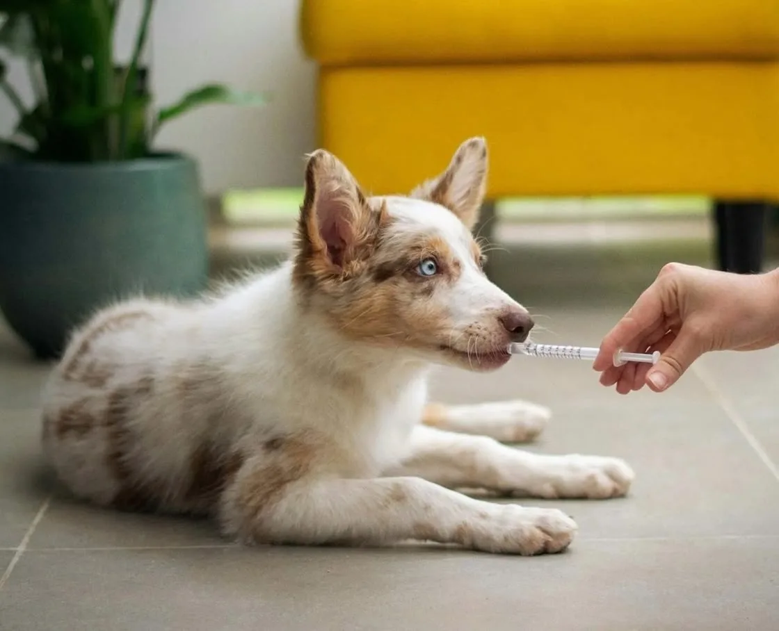 A red merle puppy receives oral medication from a syringe indoors.