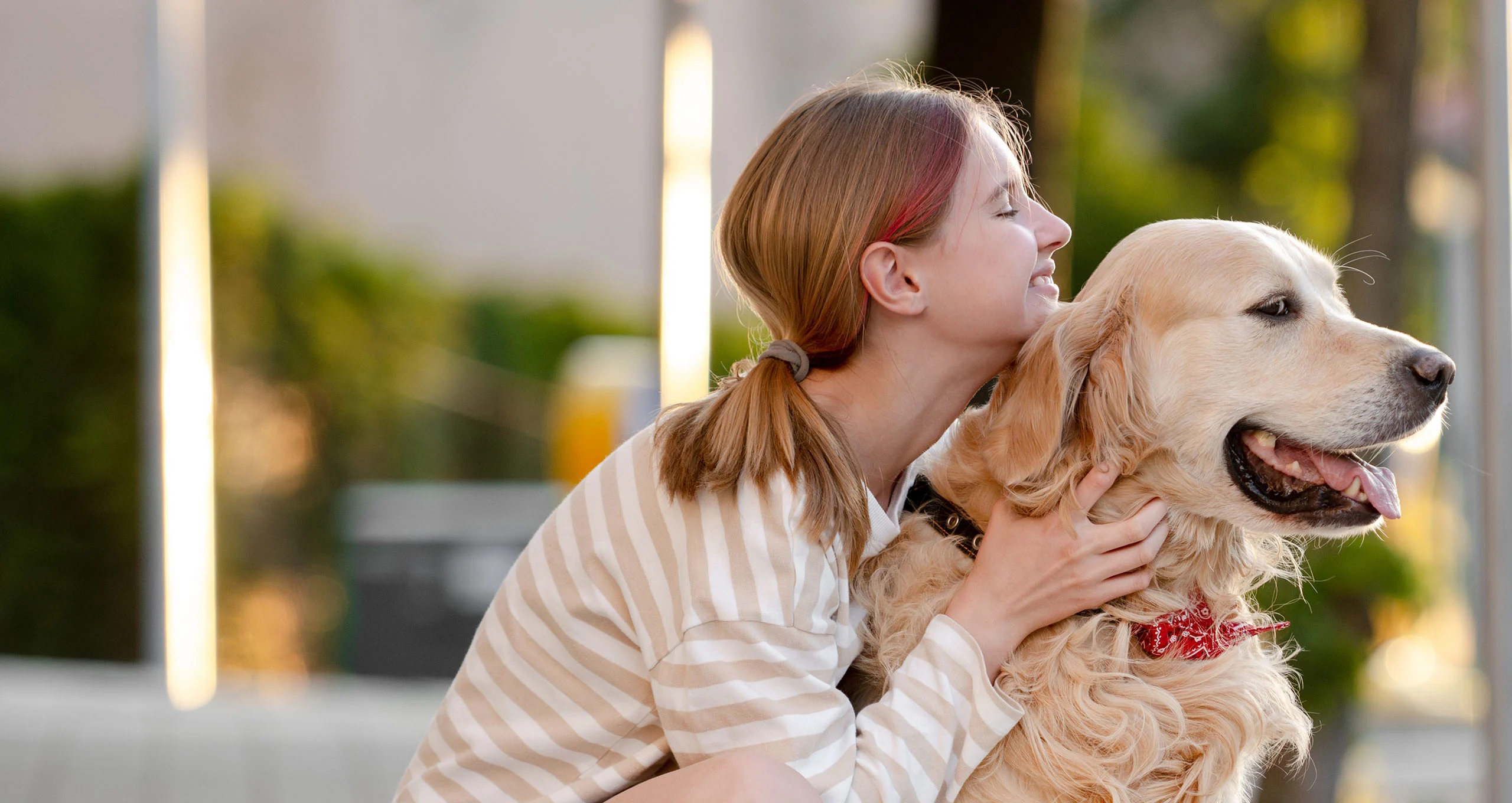 h young girl with red hair strip kneeling with golden outside