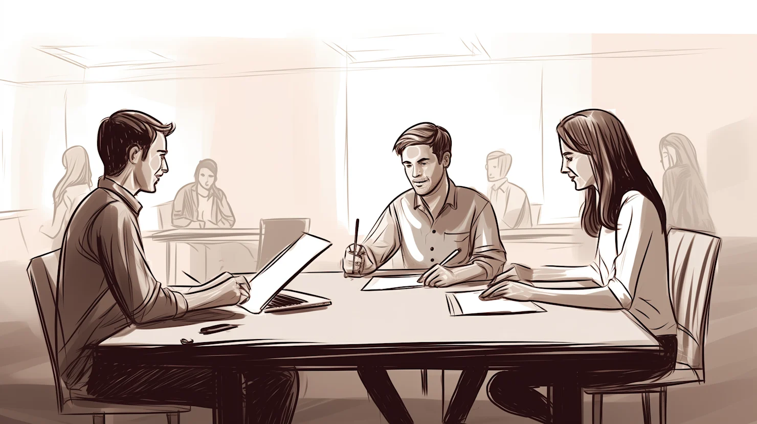 An illustration of two people interviewing an end user