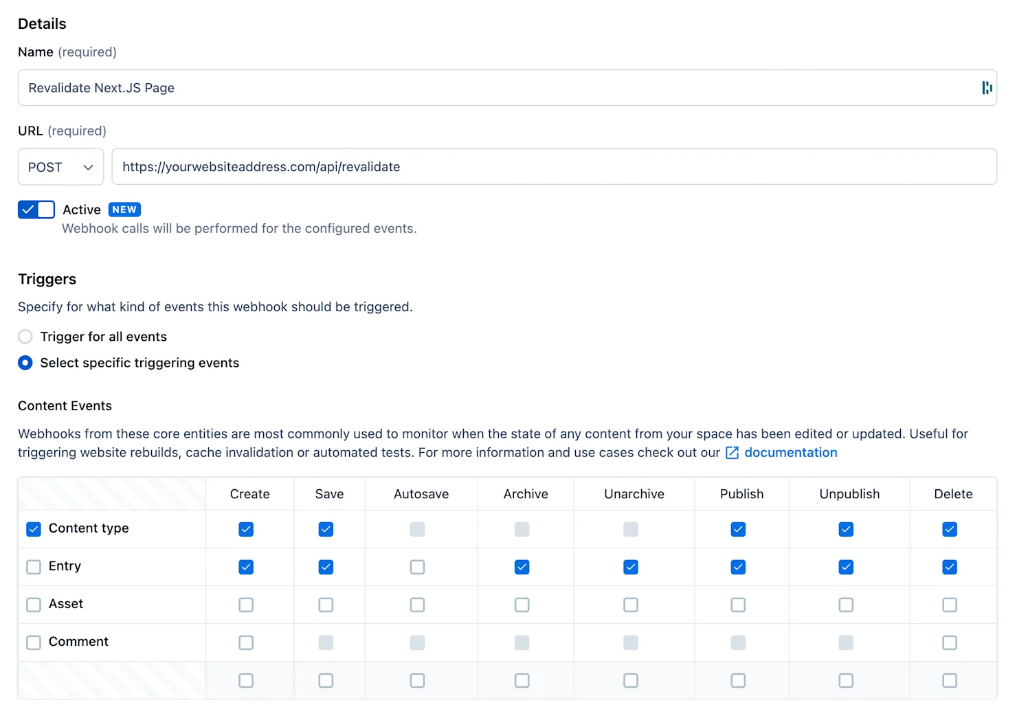 Webhook settings in Contentful