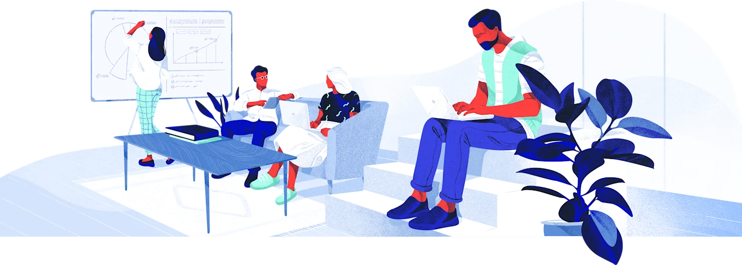 Illustration - Sitting on a sofa with drawing on a whiteboard