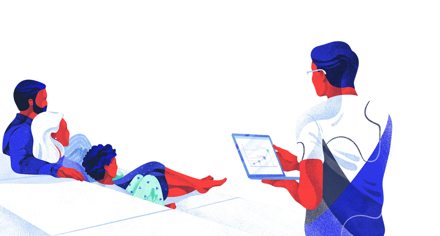 A family watching TV while a researcher watches