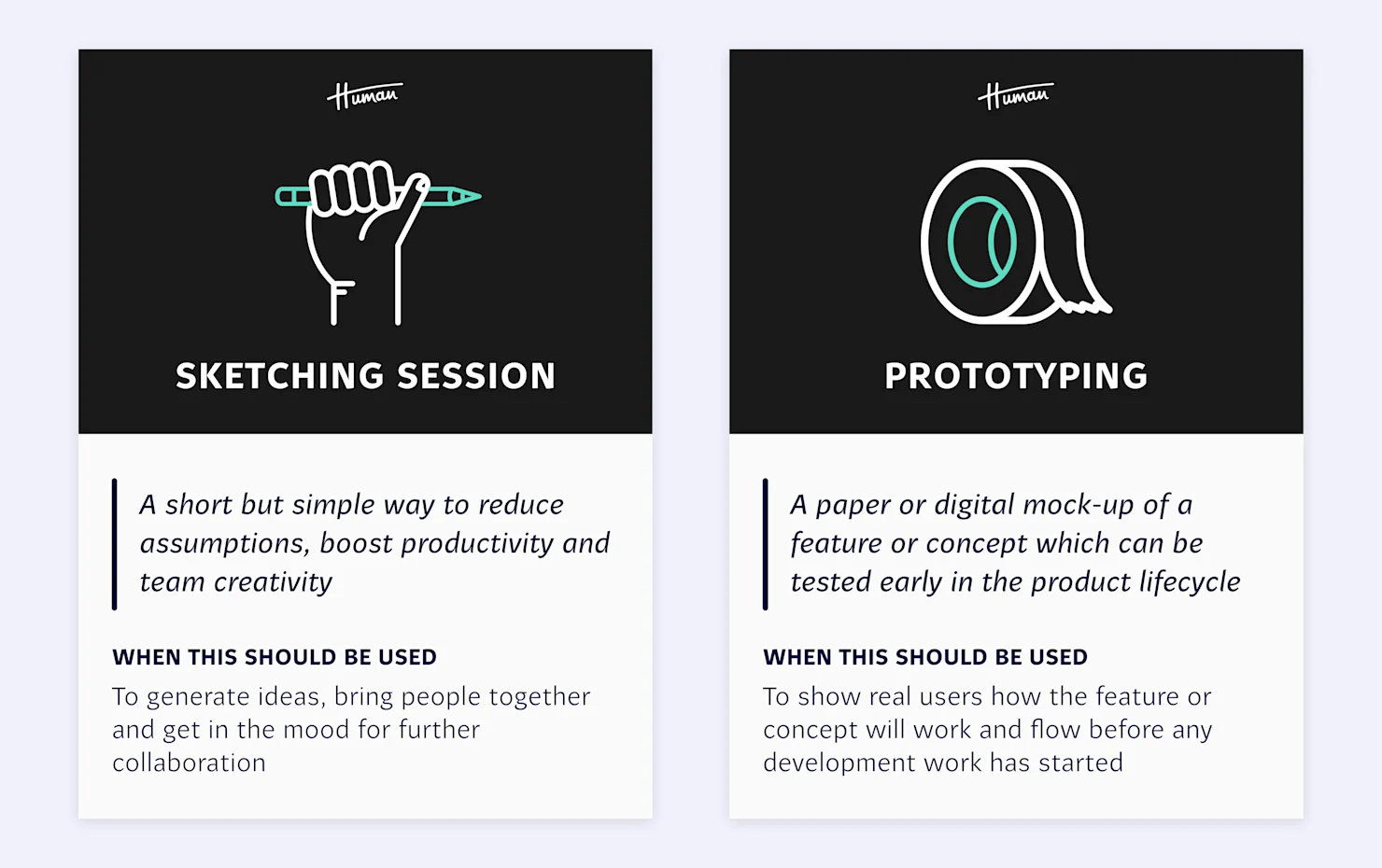 Two examples of cards printed to help feature teams decide what to do and when