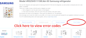 Error Codes box on the model detail page of Sears PartsDirect.