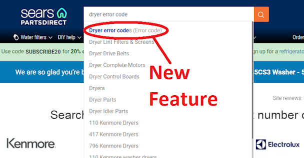sears parts direct image for Check out the new error code search features on our Sears PartsDirect website