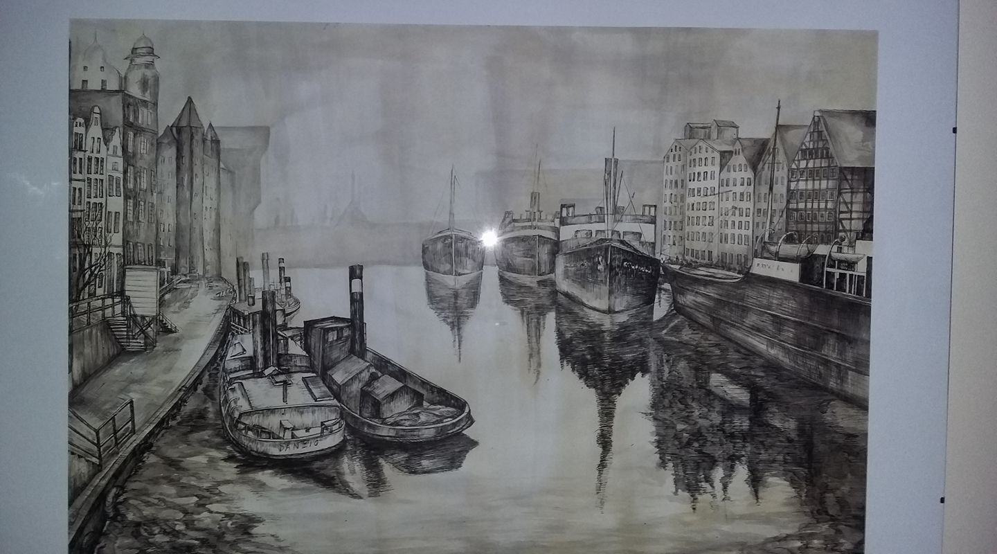 "Dawny Gdańsk - widok na Motławę" Rysunek piórkiem, lawowany ( 50 cm x 100cm )