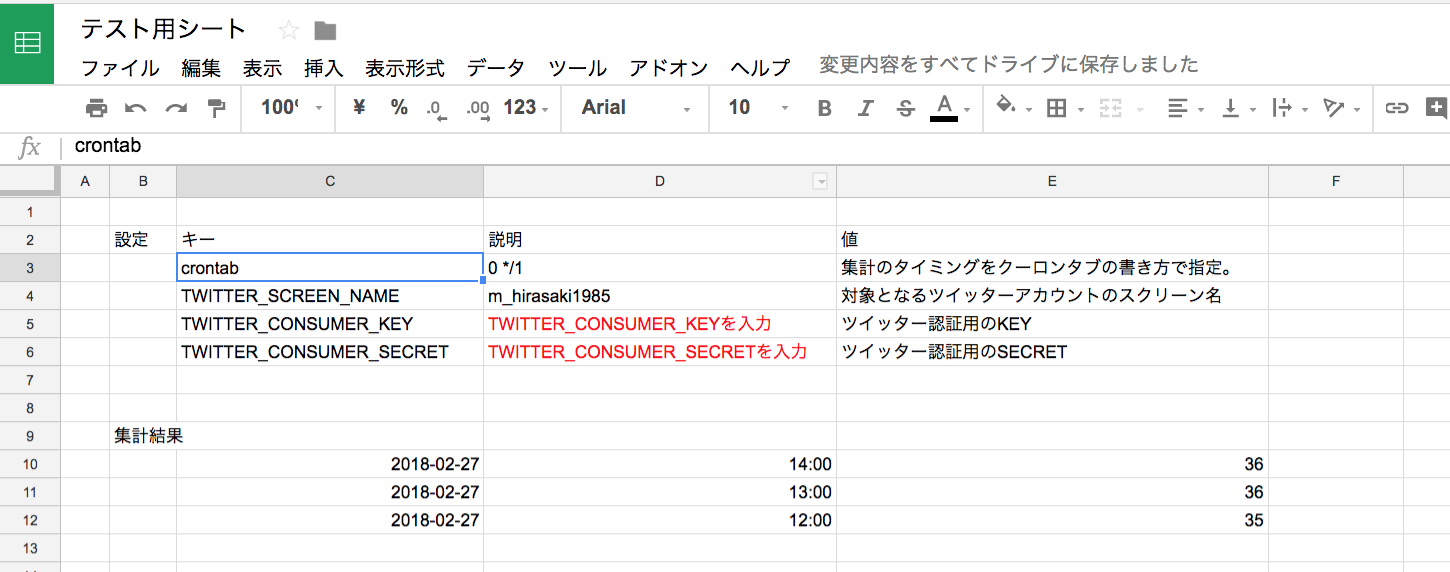 スプレッドシートで定期的にツイッターのフォロワー数を書き込む - 結果画面