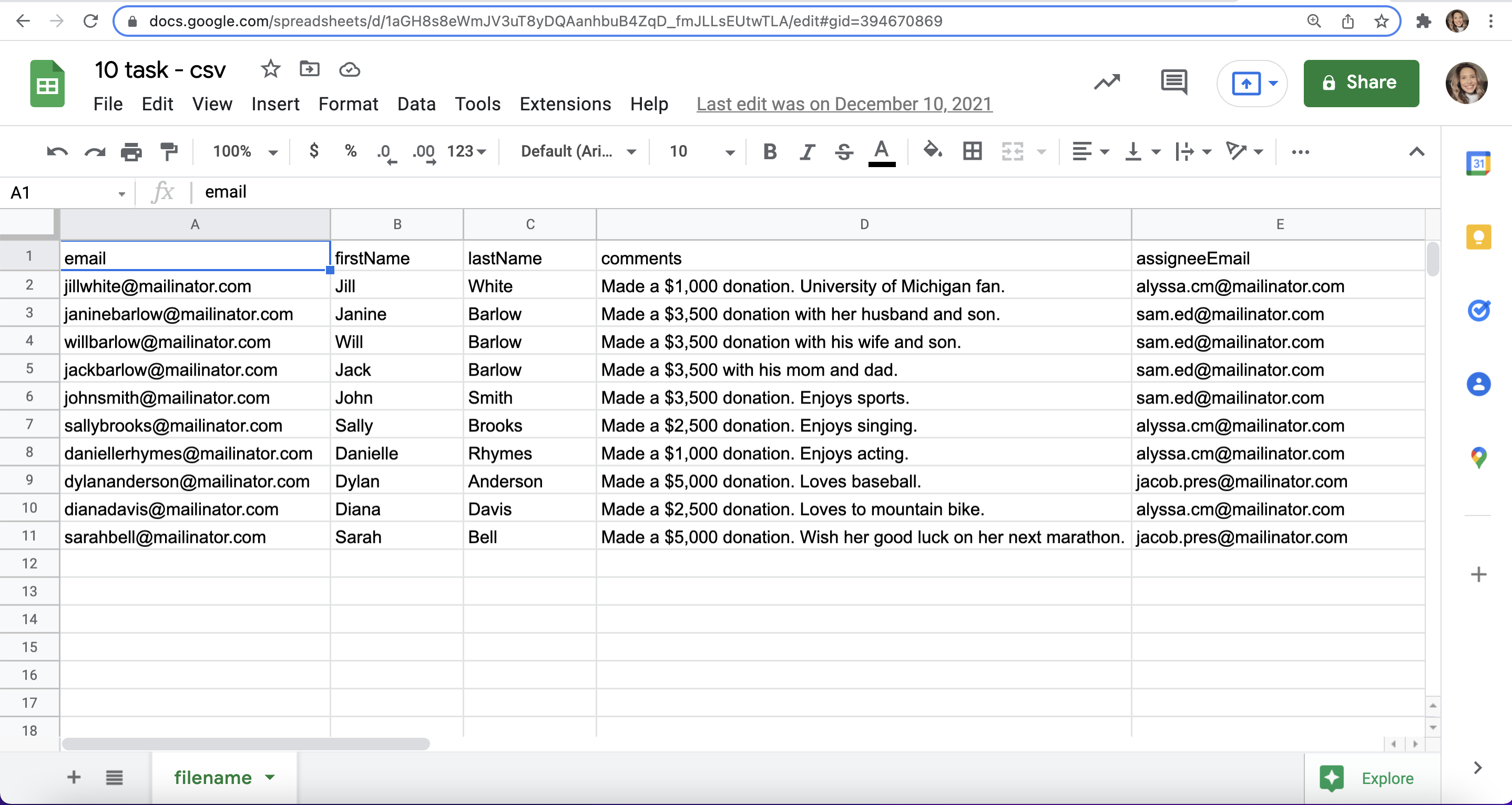 Google Sheets filled in