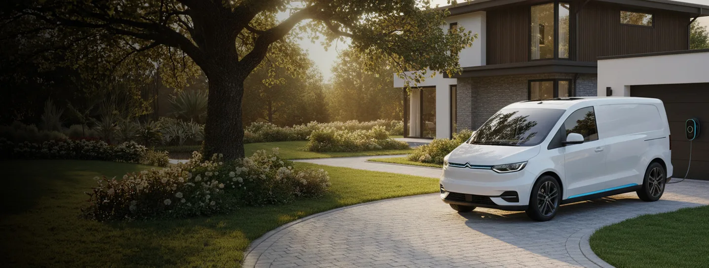 white van charging next to the house