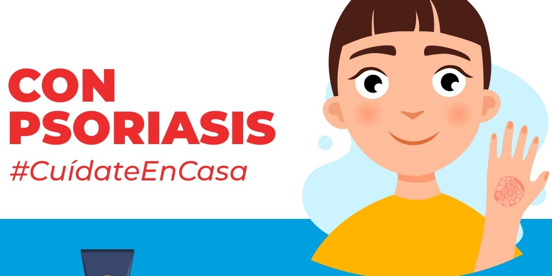 Cartela con ilustración de niño y título "Con psoriasis cuídate en casa"
