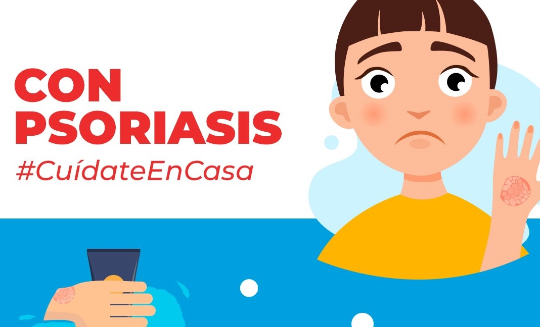 Cartela con ilustración de niño y título "Con psoriasis cuídate en casa"
