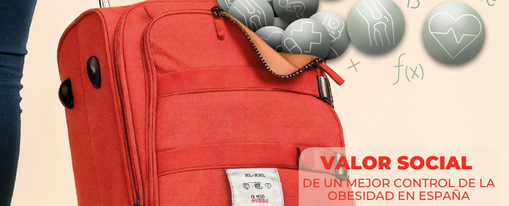Imagen de una maleta roja, abierta, con la etiqueta de la iniciativa El Peso de lo Invisible. De la maleta salen círculos grises que representan las complicaciones de la obesidad. También se ven en gris fórmulas matemáticas. Sobre la imagen, abajo a la izquierda, se lee: Valor Social de un mejor control de la obesidad en España