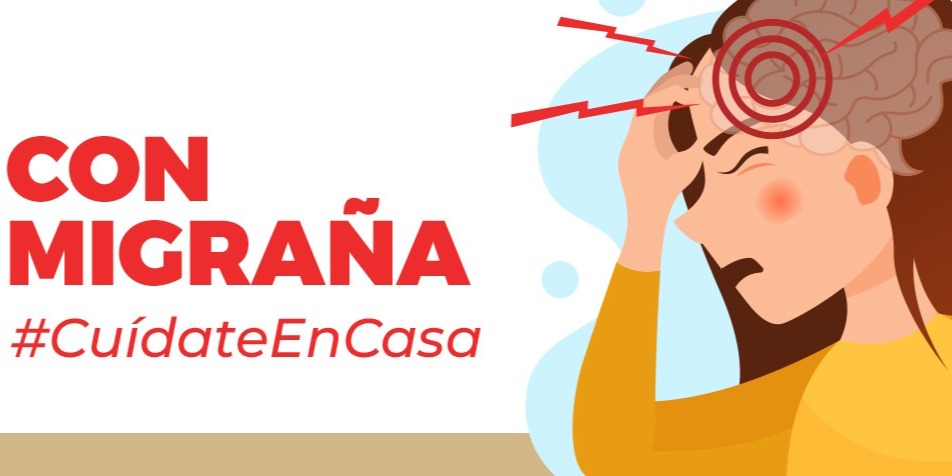 Cartela con ilustración de chica y título "Con migraña cuídate en casa"
