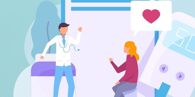 Ilustración de un doctor y una paciente rubia
