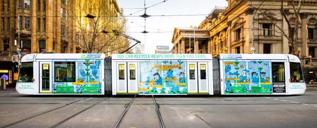 Melbourne tram with Recycling Near You ad Yarra Trams
