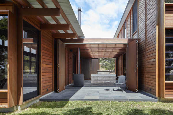 Exterior of a building made from recycled wood.