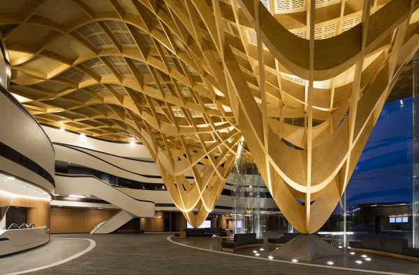 Cross Laminated Timber has been used to create two sweeping pillars for the Bunjil Place council building