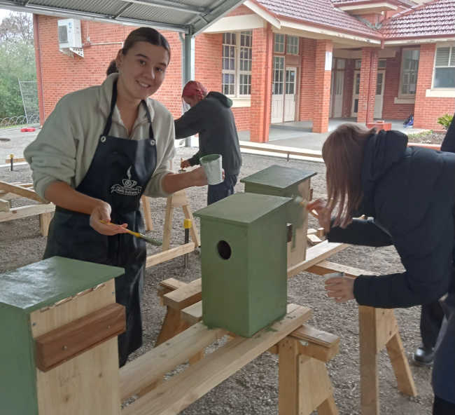 Students add a few final touches of paint to their nest boxes readying them for installation (Image source : Ken Beasley)