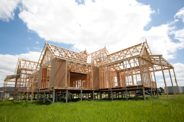 A house frame made of wood.