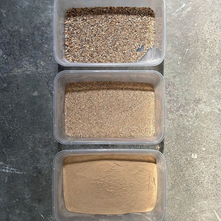 Three mesh sizes of fire brick from The Agrarian Kitchen ovens, each playing a different role in the clay body, from porosity and structure to cohesion and strength.