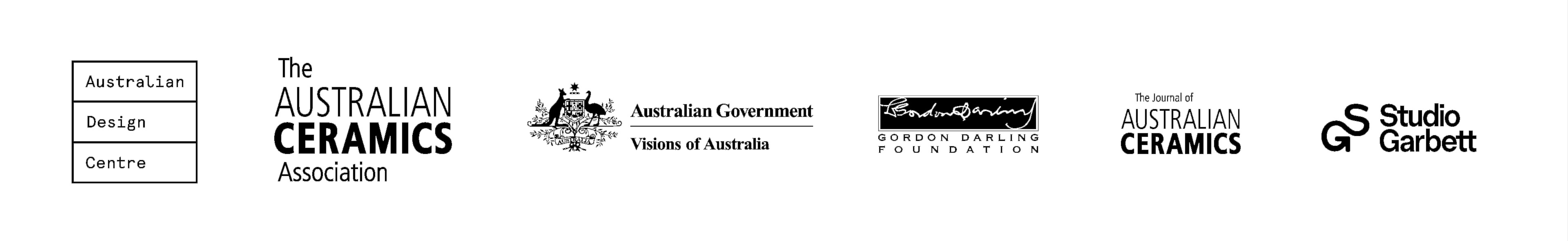 sponsor logos - Australian Design Centre, The Australian Ceramics Association, the Australian Government, the Gordon Darling Foundation, The Journal Australian Ceramics and Studio Garbett