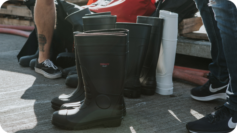 An image of some fishing boots on a wharf in Portland, Maine.