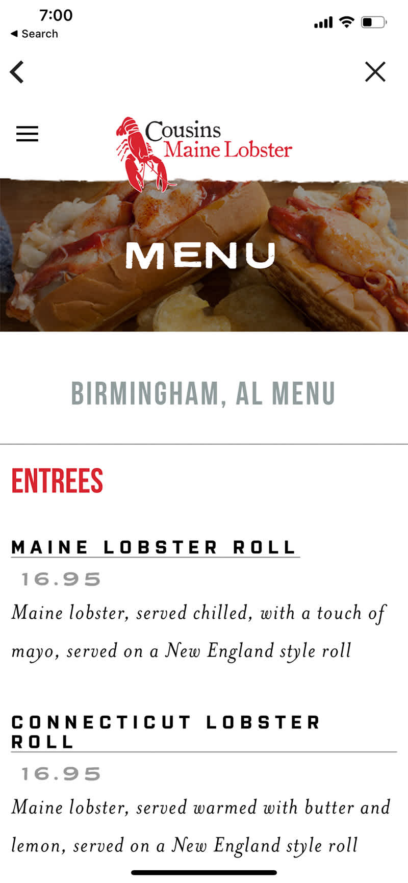 An example image of Cousins Maine Lobster menus appearing in our mobile app.