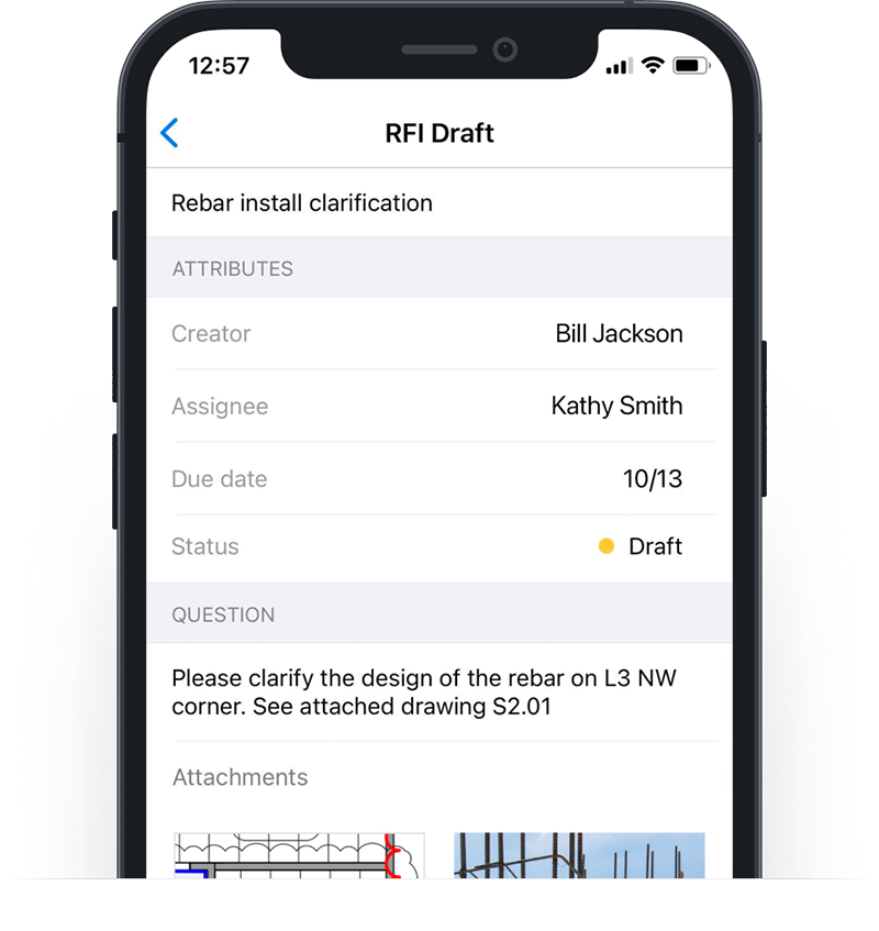 Fieldwire RFIs on mobile showing how a user can track and manage questions within one location. 