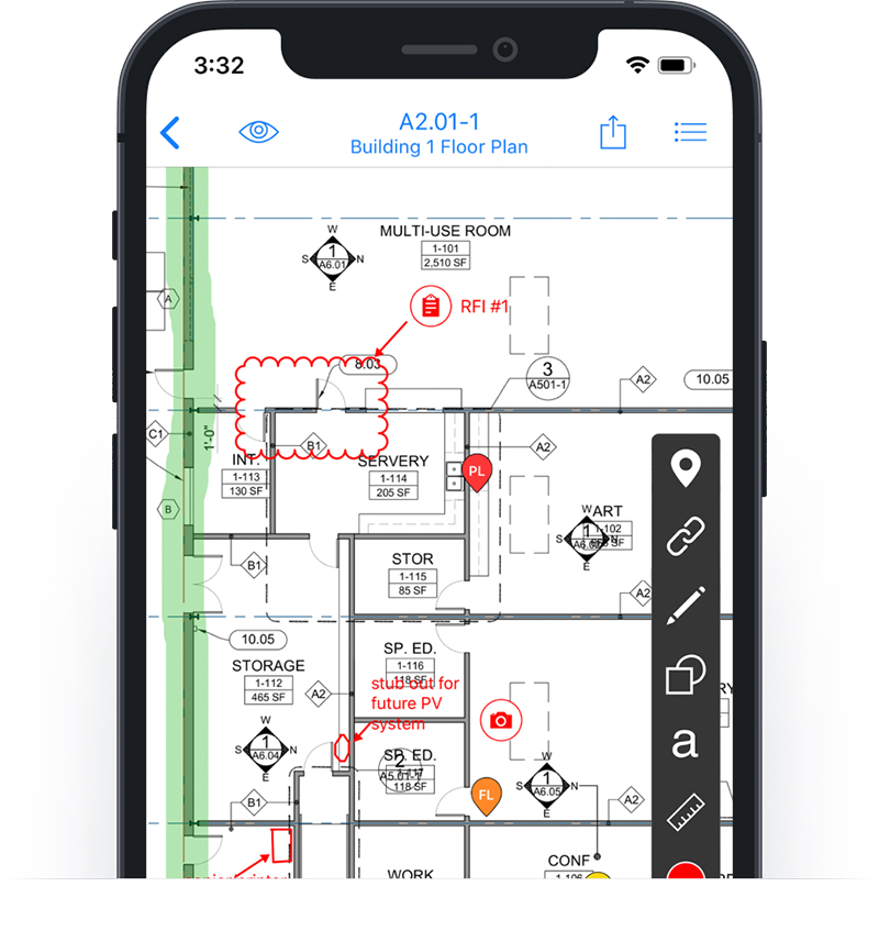 Fieldwire's mobile device has plans open with markups showing different contractors collaborating together.