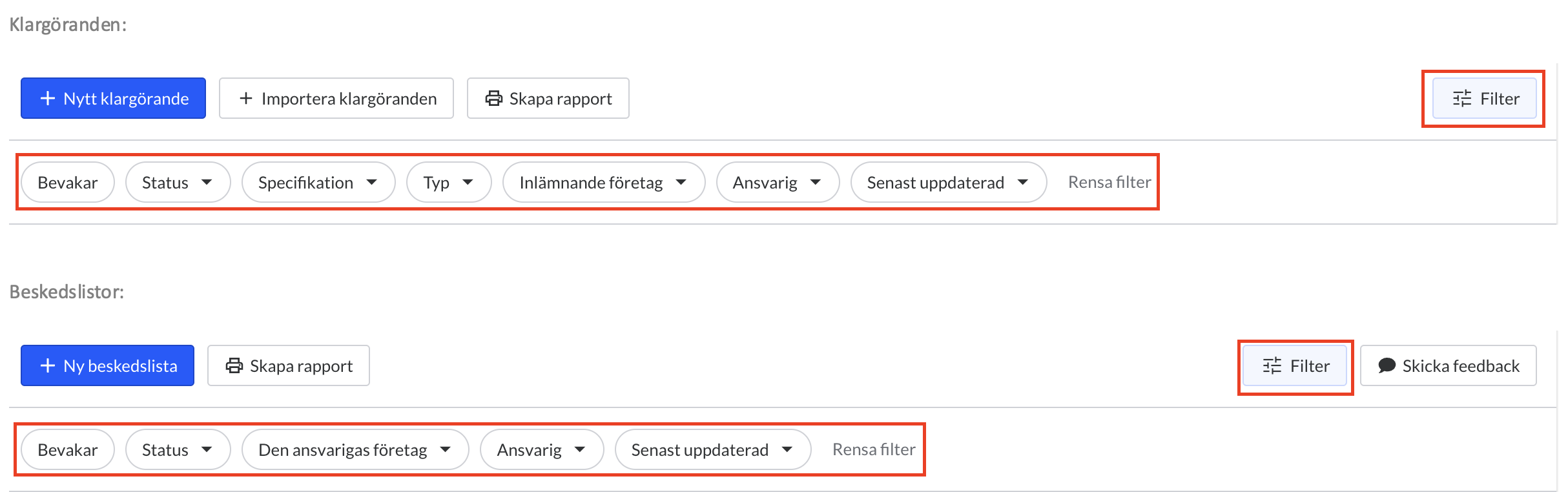 Submittals and RFIs filters SV