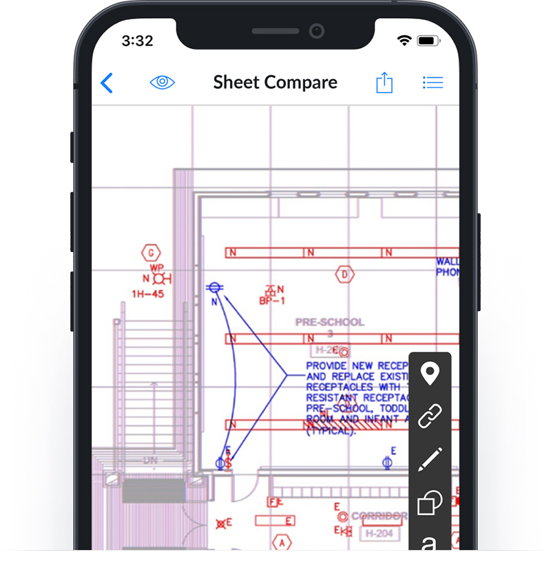 Fieldwire on an iPhone showing two construction plan sheets overlayed. 