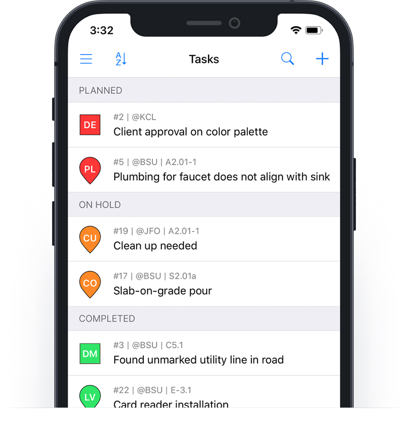 Fieldwire on an iPhone showing a list of different tasks and items that are needed to be completed by a construction team. 