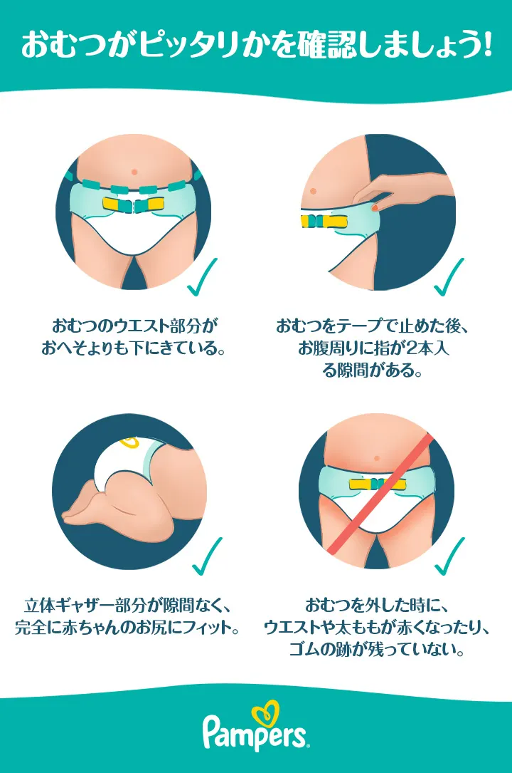 おむつがピッタリかを確認しましょう。 おむつがピッタリかを確認しましょう。
