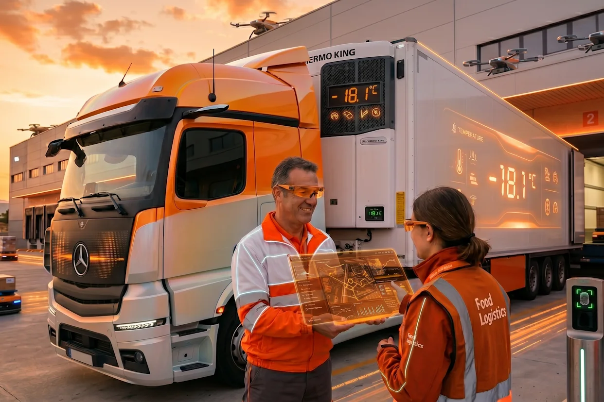 Un camión cogiendo la carga donde se ve que la temperatura es -18,1º y el conductor está pidiendo confirmación a una operaria